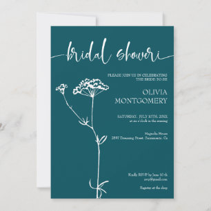 Modern Minimalist Floral Deep Teal Bridal Shower Invitation