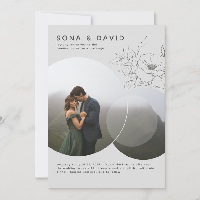 Modern Minimalist Floral Grey Wedding Photo Invitation (Front)