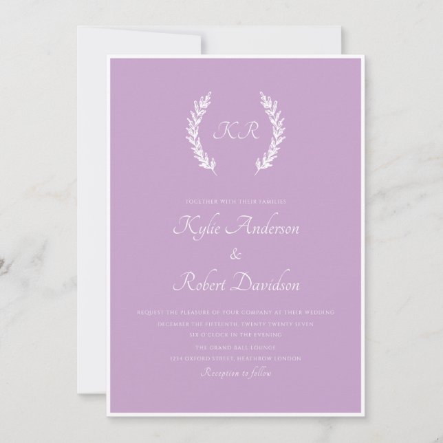 Modern Minimalist Floral Monogram Purple Lavender  Invitation (Front)