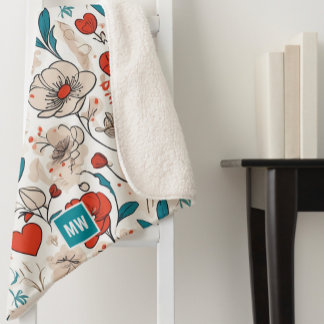 Modern minimalist floral motif beige background sherpa blanket