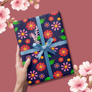 Modern Minimalist Floral Pattern dark blue Wrapping Paper