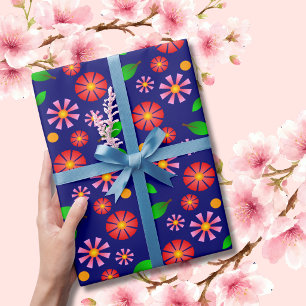 Modern Minimalist Floral Pattern medium dark blue Wrapping Paper