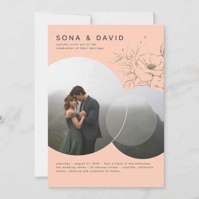 Modern Minimalist Floral Peach Colour Wedding Phot Invitation (Front)