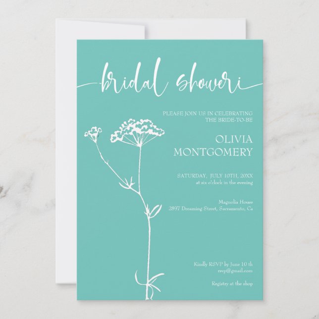  Modern Minimalist Floral Turquoise Bridal Shower Invitation (Front)