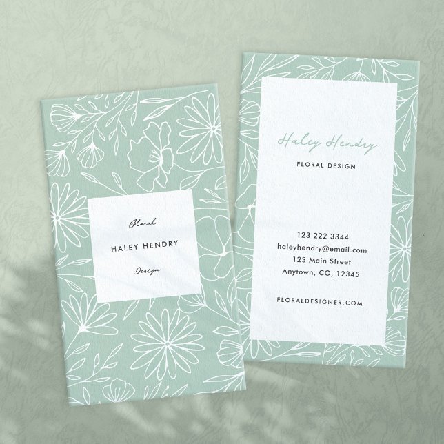 Modern Minimalist Florist Floral Pattern Green Business Card (florist minimal modern green pattern business card )