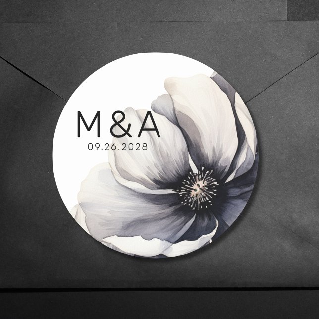 Modern Minimalist Flower Black White Wedding Classic Round Sticker (Modern Minimalist Boho Floral Black White Wedding Classic Round Sticker)