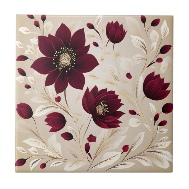 Modern Minimalist Flowers In Burgundy Ceramic Tile (Front)