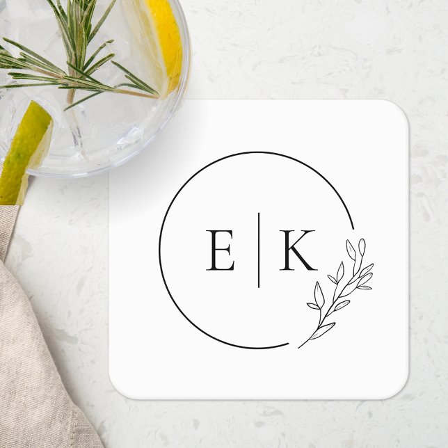 Modern Minimalist Foliage Initials Wedding Square Paper Coaster (Creator Uploaded)