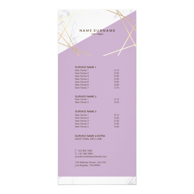 Modern Minimalist Geometric Marble Gold Lavender Rack Card (Front)