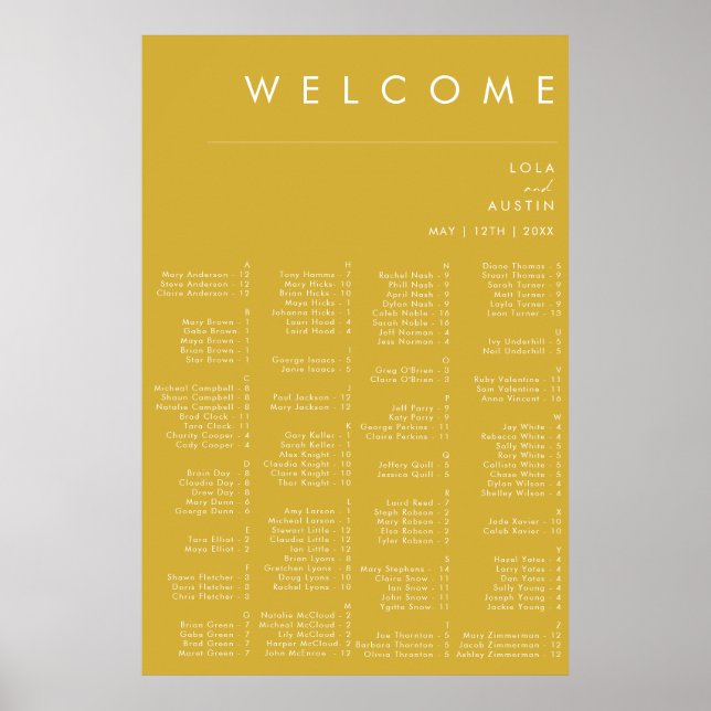 Modern Minimalist Gold Alphabetical Seating Chart  (Front)