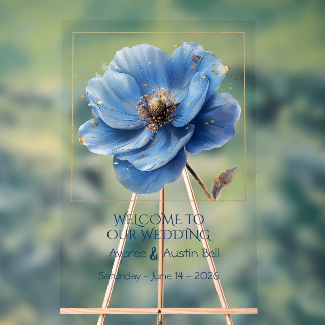 Modern Minimalist Gold and Blue Poppy Acrylic Sign (Neutral)