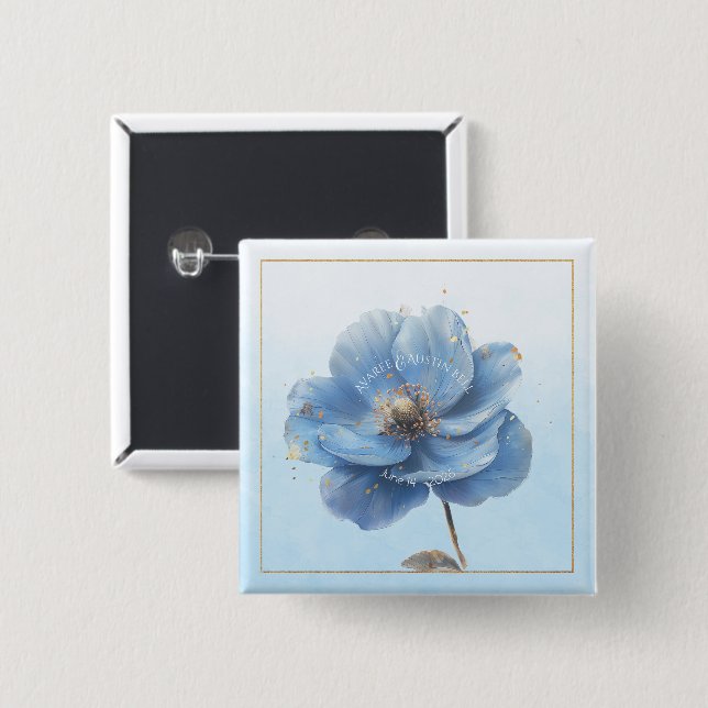 Modern Minimalist Gold and Blue Poppy Button (Front & Back)