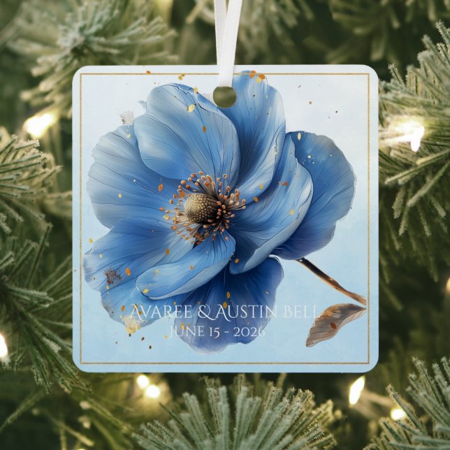 Modern Minimalist Gold and Blue Poppy Ornament (Insitu)