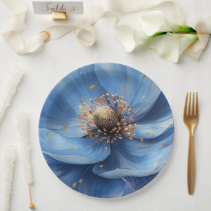 Modern Minimalist Gold and Blue Poppy  Paper Plate