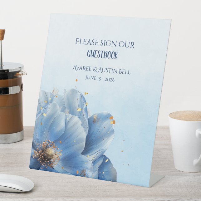 Modern Minimalist Gold and Blue Poppy  Pedestal Sign (In SItu)