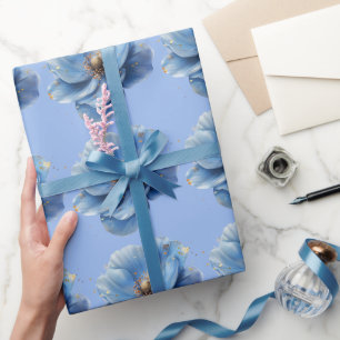 Modern Minimalist Gold and Blue Poppy Wrapping Paper