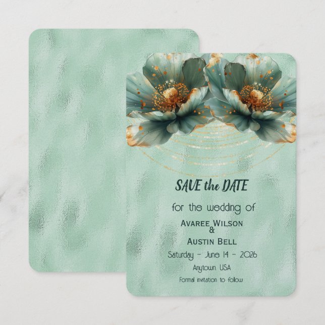 Modern Minimalist Gold and Emerald Wedding Save The Date (Front/Back)