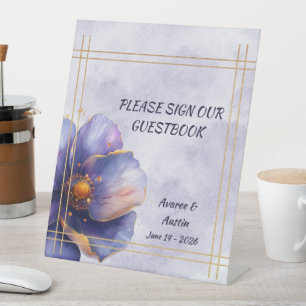 Modern Minimalist Gold and Purple Wedding Pedestal Sign