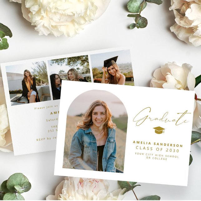 Modern minimalist gold and white photo graduation invitation (Creator Uploaded)