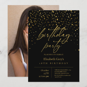 Modern Minimalist ⎮Gold Black Photo Birthday  Invitation
