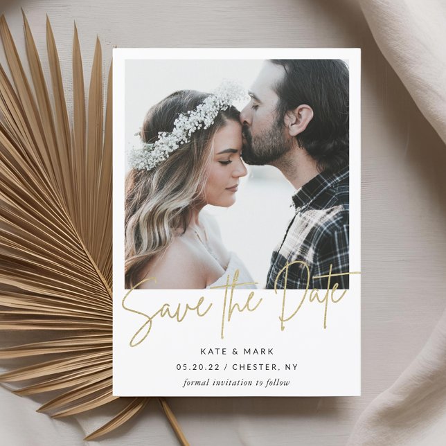 Modern Minimalist Gold Calligraphy Photo Save The Date (Creator Uploaded)
