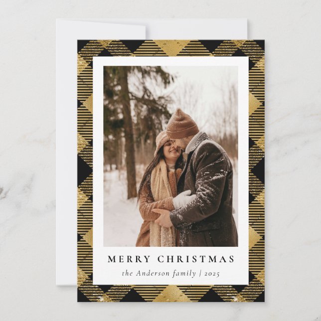 Modern Minimalist Gold Christmas Family Photo Holiday Card (Front)