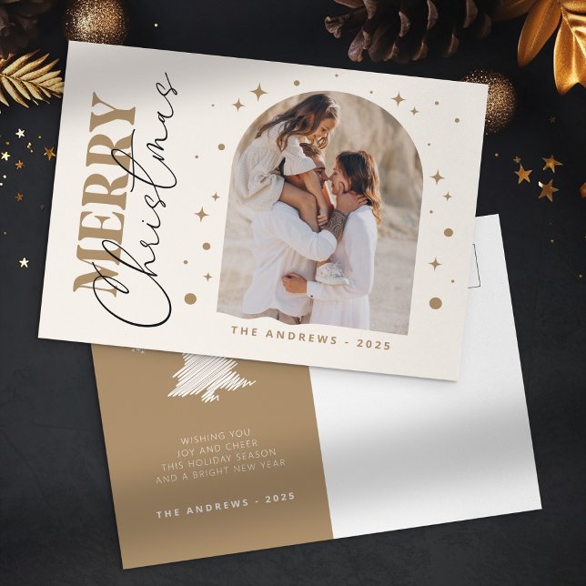 Modern Minimalist Gold Christmas Photo Arc Postcard (Creator Uploaded)