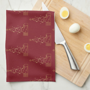 Modern Minimalist Gold Christmas Tree Red Tea Towel