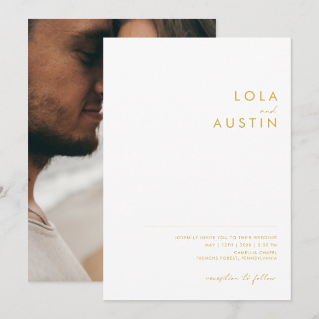 Modern Minimalist Gold Font Casual Photo Wedding Invitation (Front/Back)
