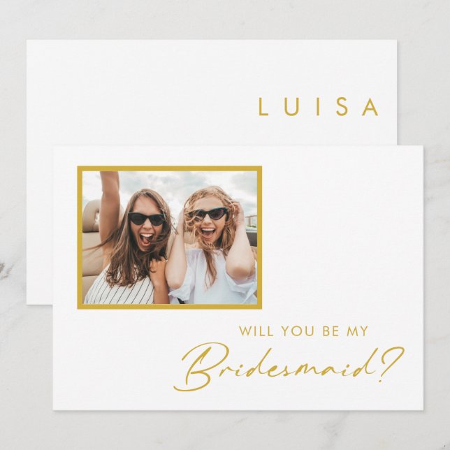 Modern Minimalist Gold Font Photo Bridesmaid Invitation (Front/Back)