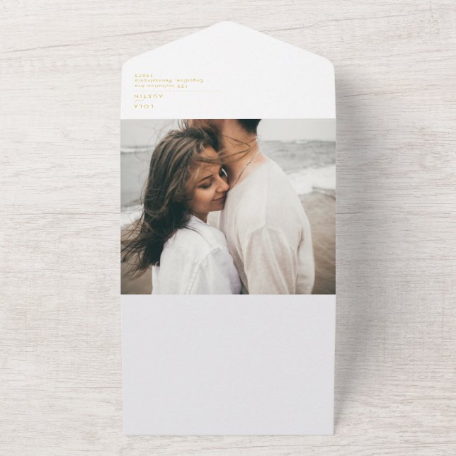 Modern Minimalist Gold Font Photo Seal and Send All In One Invitation (Outside)
