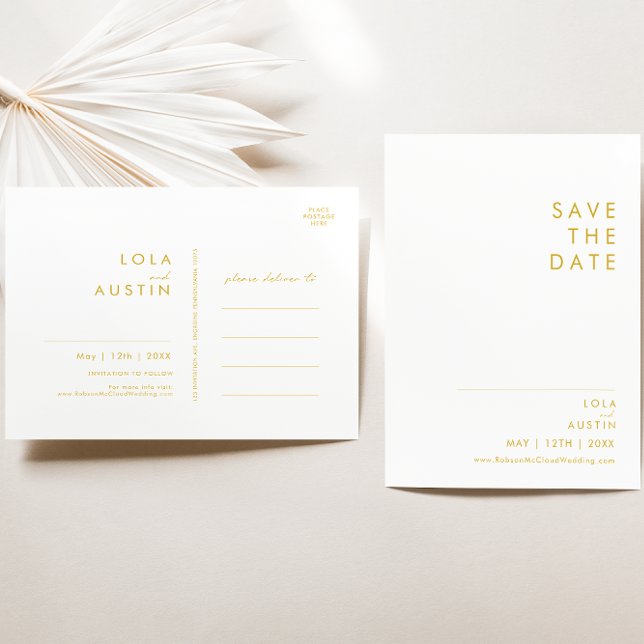 Modern Minimalist Gold Font Save The Date Postcard (Creator Uploaded)