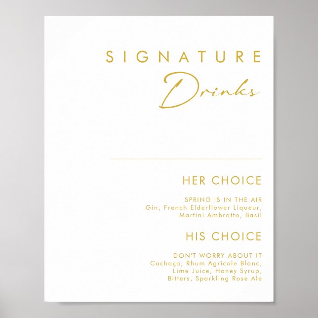 Modern Minimalist Gold Font Signature Drinks Sign (Front)