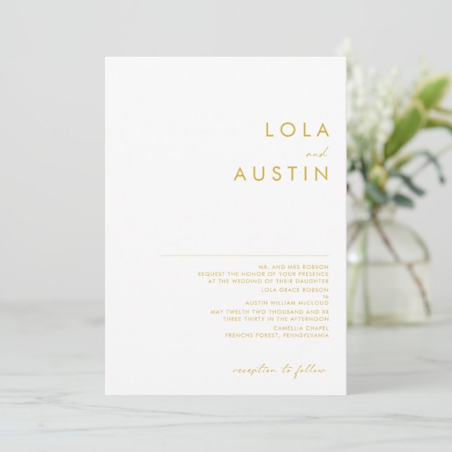 Modern Minimalist Gold Font Traditional Wedding Invitation (Standing Front)