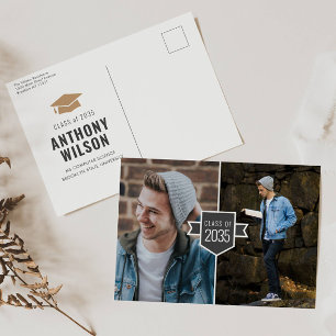 Modern Minimalist Gold Grad Cap 2 Photo Graduation Announcement Postcard