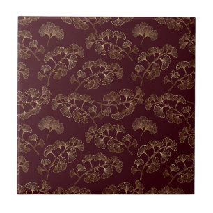 Modern Minimalist Gold Leaf Maroon Ceramic Tile