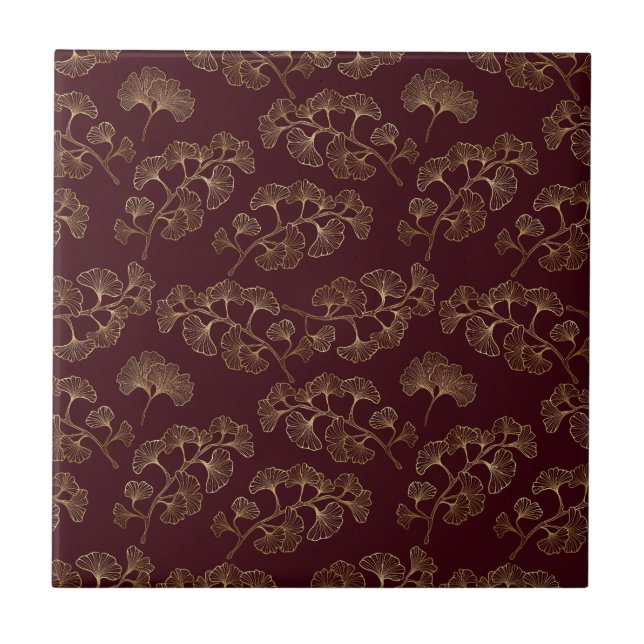 Modern Minimalist Gold Leaf Maroon Ceramic Tile (Front)