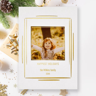 Modern Minimalist Gold Lines & Photo Foil Holiday Card
