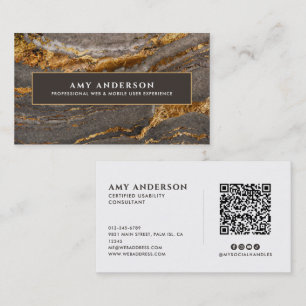 Modern Minimalist Gold Marble Socials & QR Code Business Card