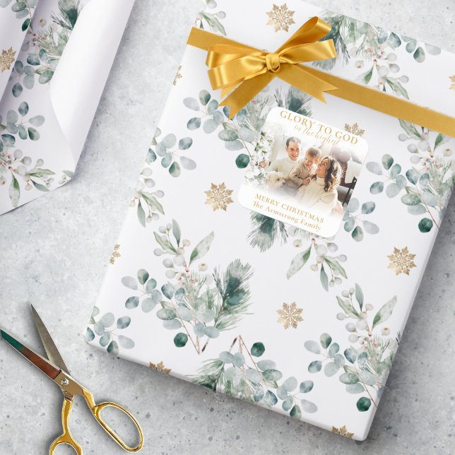 Modern Minimalist Gold Religious Christmas Photo Square Sticker (Modern, minimalist, religious Christmas in gold and white with Glory to God Bible verse)