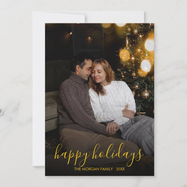 Modern Minimalist Gold Script Happy Holidays Photo Holiday Card (Front)