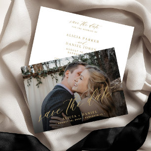 Modern minimalist gold script photo wedding save the date