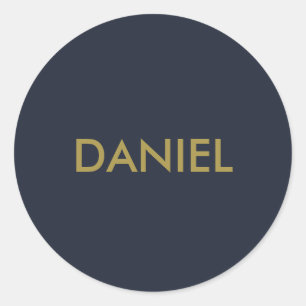 Modern minimalist gold text navy blue classic round sticker
