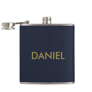 Modern minimalist gold text navy blue hip flask