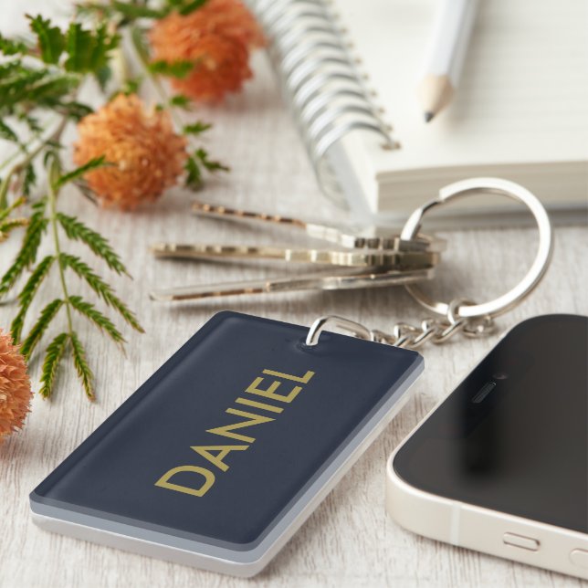Modern minimalist gold text navy blue key ring (Front Right)