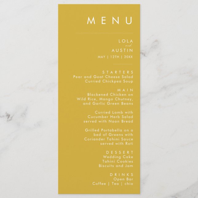 Modern Minimalist Gold Wedding Dinner Menu (Front)