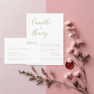 Modern Minimalist Gold & White Wedding Details Enclosure Card