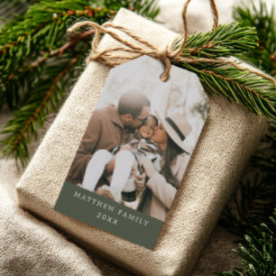 Modern Minimalist Green Family Photo Christmas Gift Tags