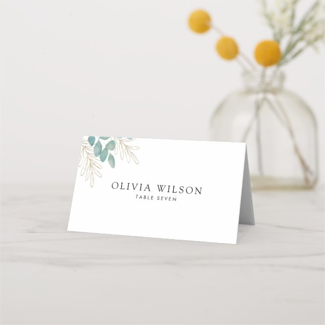 Modern Minimalist Green Gold Leaf Wedding Place Card (Back)