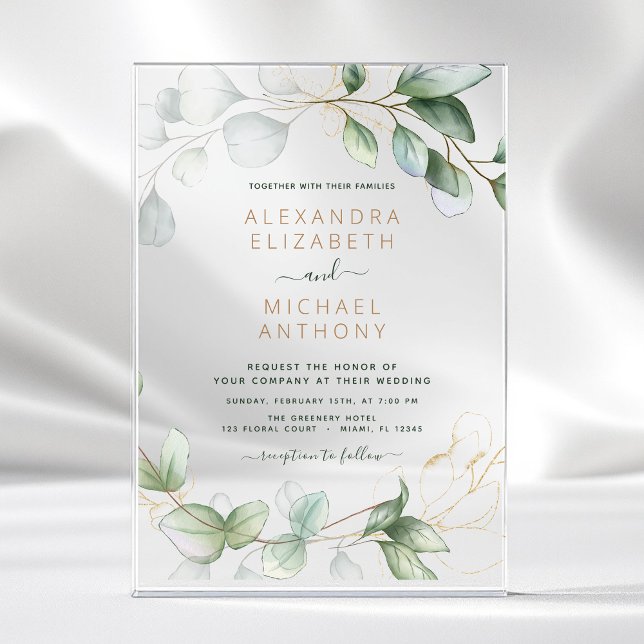Modern Minimalist Green Leaf Eucalyptus Wedding Acrylic Invitations (Creator Uploaded)